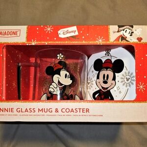 Disney Christmas Minnie Mouse Glass Mug and Coaster Set Gift Box Red Plaid